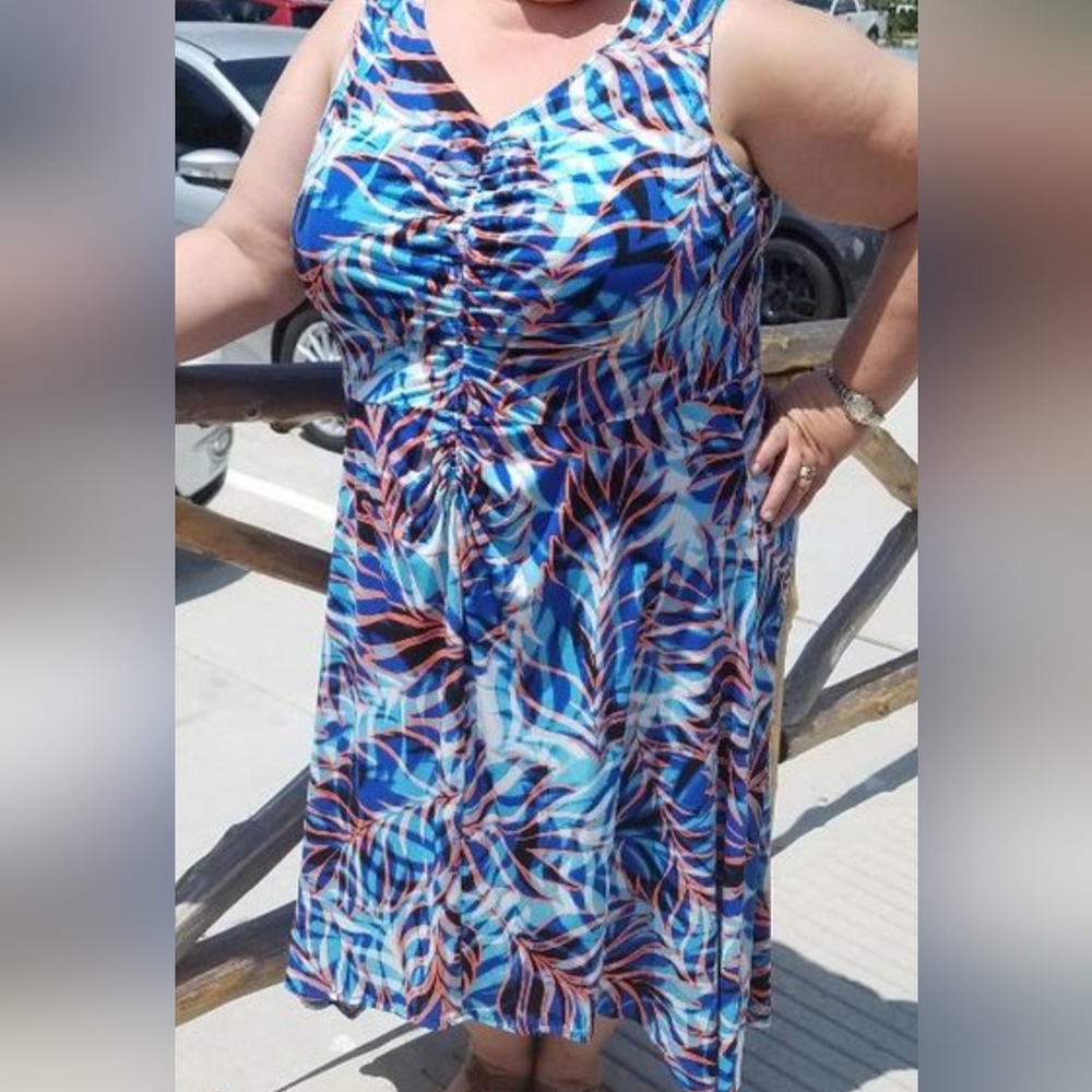 Sabrina Blue Tropical Leaf Print High-Low Maxi Dress Blue Orange 2X